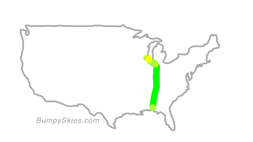 Map of continental US with illustrated flight path and turbulence forecast (described in text below)