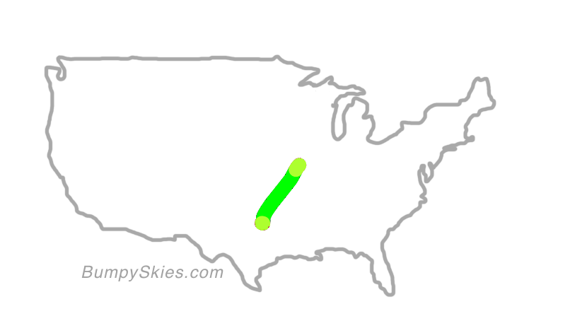 Map of continental US with illustrated flight path and turbulence forecast (described in text below)