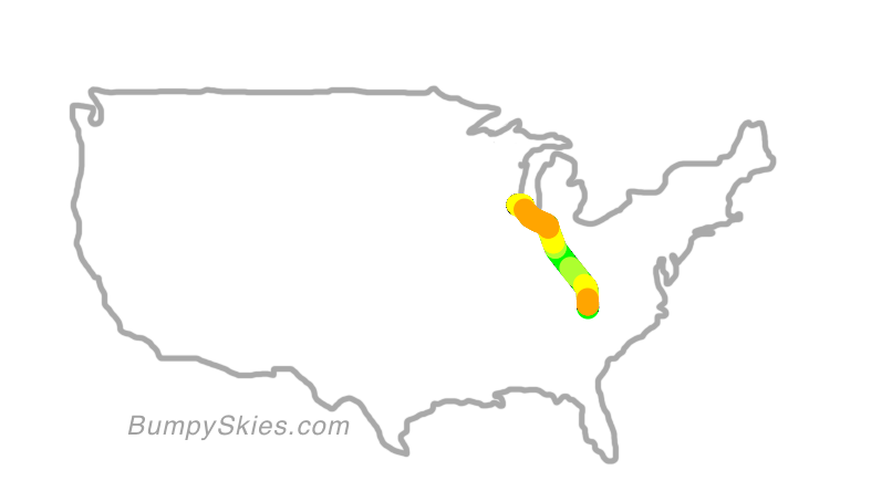Map of continental US with illustrated flight path and turbulence forecast (described in text below)