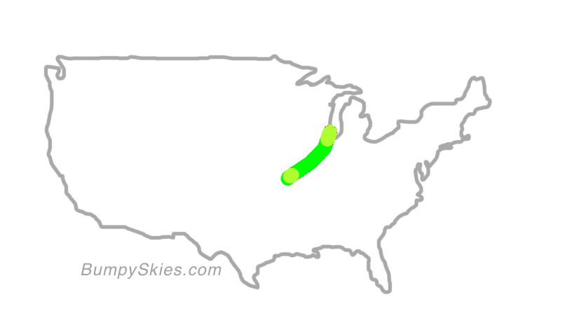 Map of continental US with illustrated flight path and turbulence forecast (described in text below)