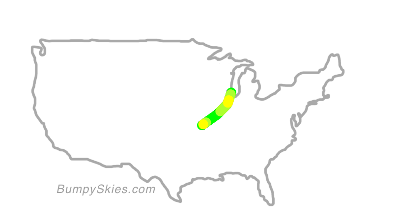 Map of continental US with illustrated flight path and turbulence forecast (described in text below)