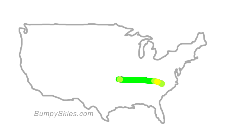 Map of continental US with illustrated flight path and turbulence forecast (described in text below)