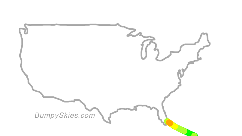 Map of continental US with illustrated flight path and turbulence forecast (described in text below)