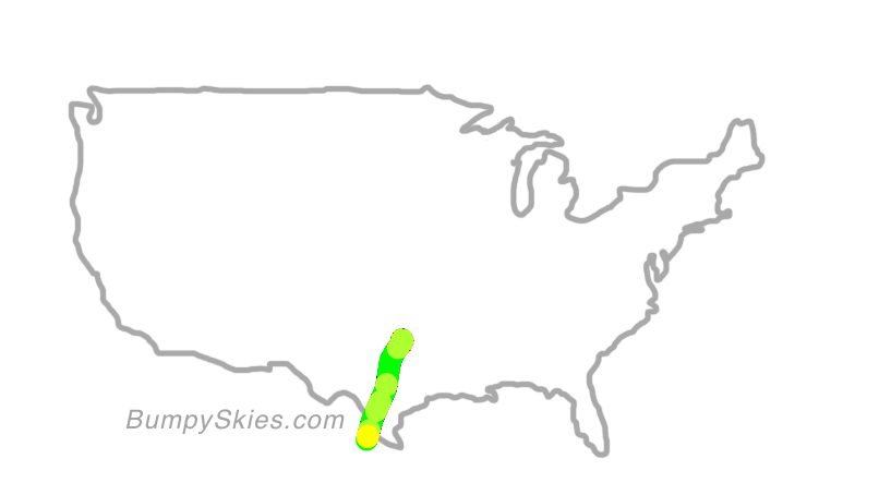 Map of continental US with illustrated flight path and turbulence forecast (described in text below)
