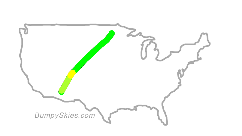 Map of continental US with illustrated flight path and turbulence forecast (described in text below)
