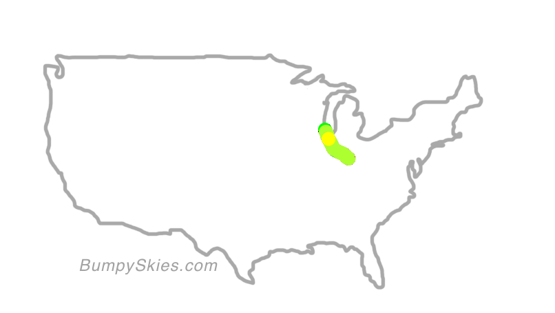 Map of continental US with illustrated flight path and turbulence forecast (described in text below)
