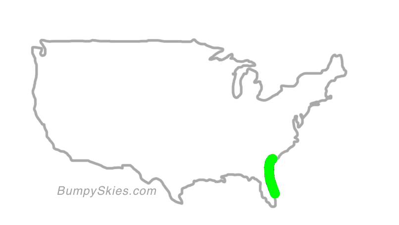 Map of continental US with illustrated flight path and turbulence forecast (described in text below)