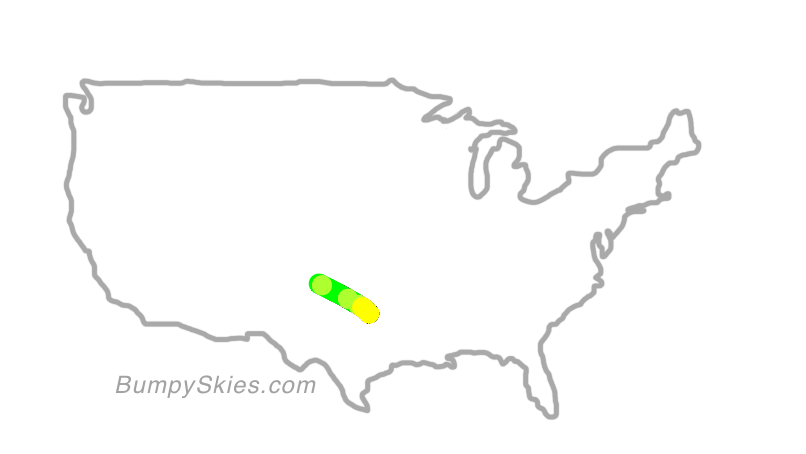 Map of continental US with illustrated flight path and turbulence forecast (described in text below)
