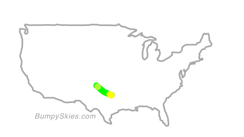 Map of continental US with illustrated flight path and turbulence forecast (described in text below)