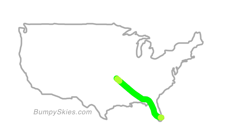 Map of continental US with illustrated flight path and turbulence forecast (described in text below)