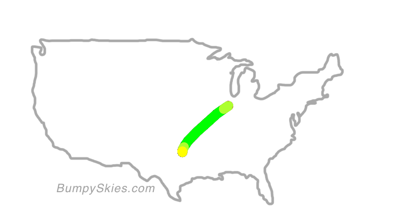 Map of continental US with illustrated flight path and turbulence forecast (described in text below)