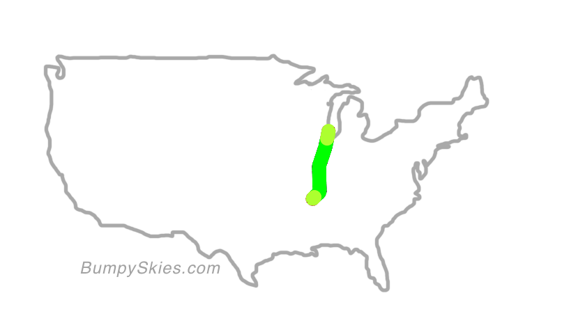 Map of continental US with illustrated flight path and turbulence forecast (described in text below)