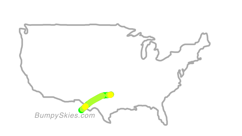 Map of continental US with illustrated flight path and turbulence forecast (described in text below)