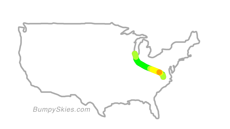 Map of continental US with illustrated flight path and turbulence forecast (described in text below)