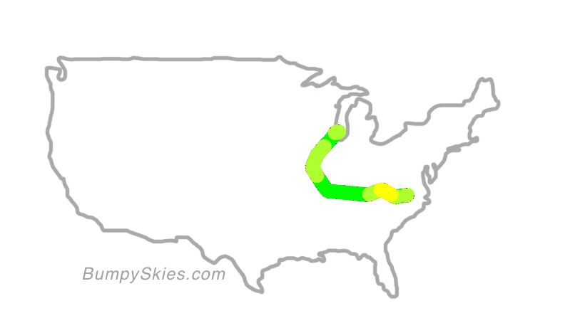 Map of continental US with illustrated flight path and turbulence forecast (described in text below)