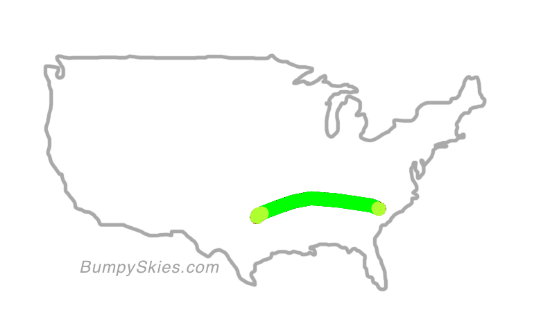 Map of continental US with illustrated flight path and turbulence forecast (described in text below)