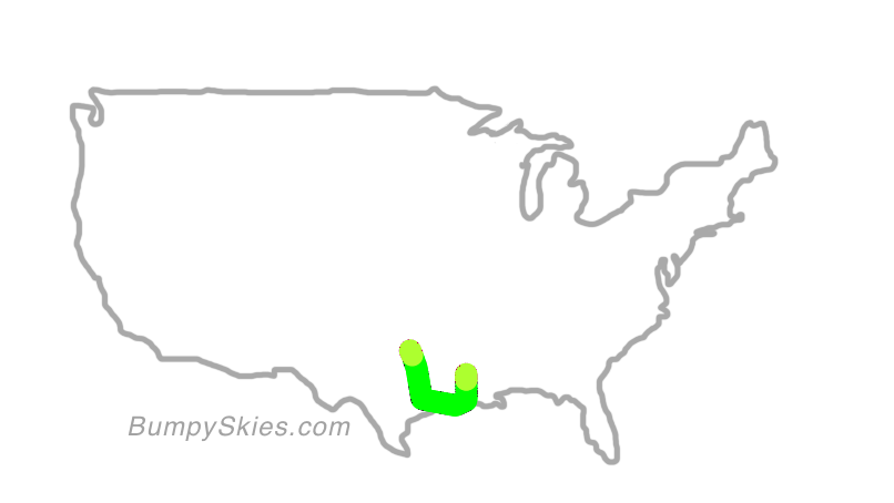 Map of continental US with illustrated flight path and turbulence forecast (described in text below)