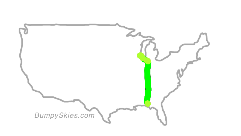 Map of continental US with illustrated flight path and turbulence forecast (described in text below)