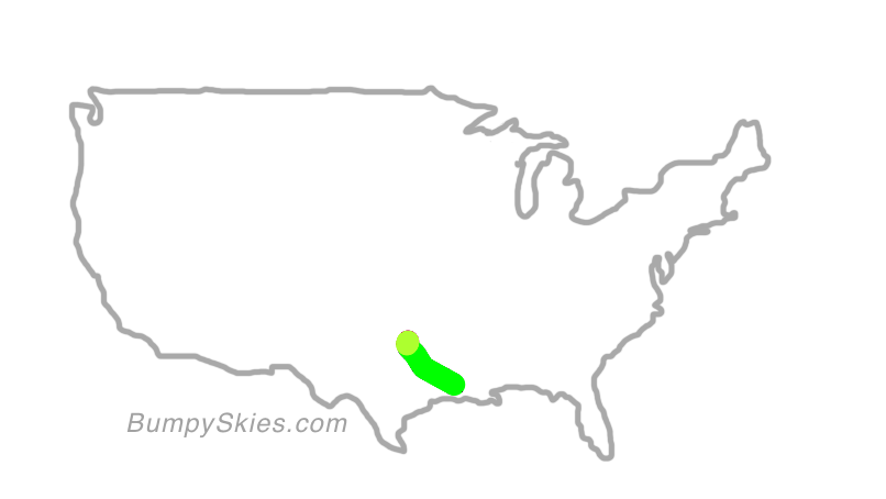 Map of continental US with illustrated flight path and turbulence forecast (described in text below)
