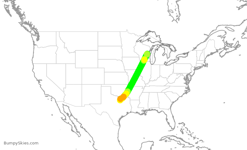 Turbulence forecast map for ENY3977, ATW to DFW