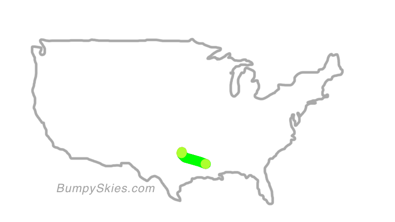 Map of continental US with illustrated flight path and turbulence forecast (described in text below)