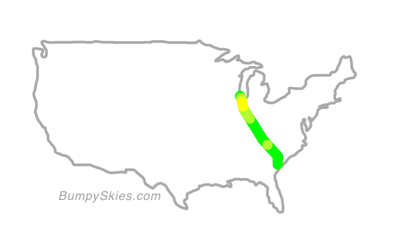 Map of continental US with illustrated flight path and turbulence forecast (described in text below)