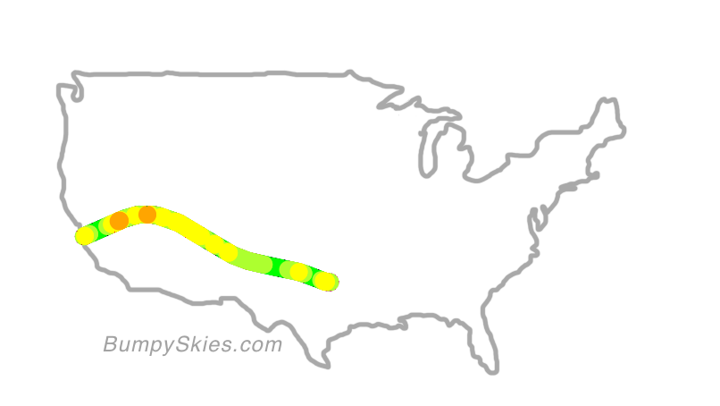 Map of continental US with illustrated flight path and turbulence forecast (described in text below)