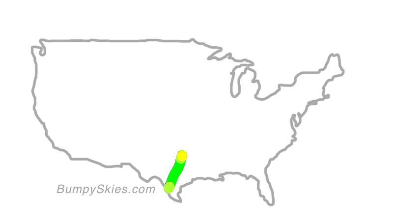 Map of continental US with illustrated flight path and turbulence forecast (described in text below)