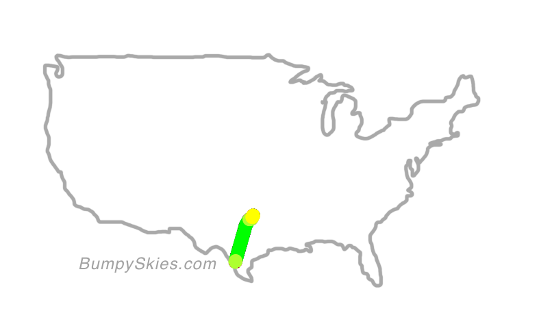 Map of continental US with illustrated flight path and turbulence forecast (described in text below)