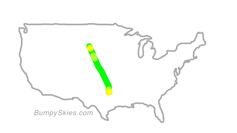 Map of continental US with illustrated flight path and turbulence forecast (described in text below)