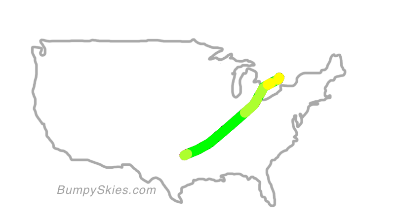 Map of continental US with illustrated flight path and turbulence forecast (described in text below)