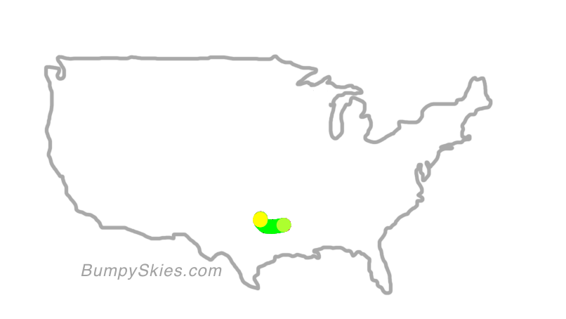 Map of continental US with illustrated flight path and turbulence forecast (described in text below)