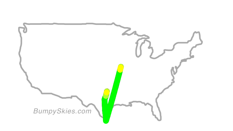 Map of continental US with illustrated flight path and turbulence forecast (described in text below)
