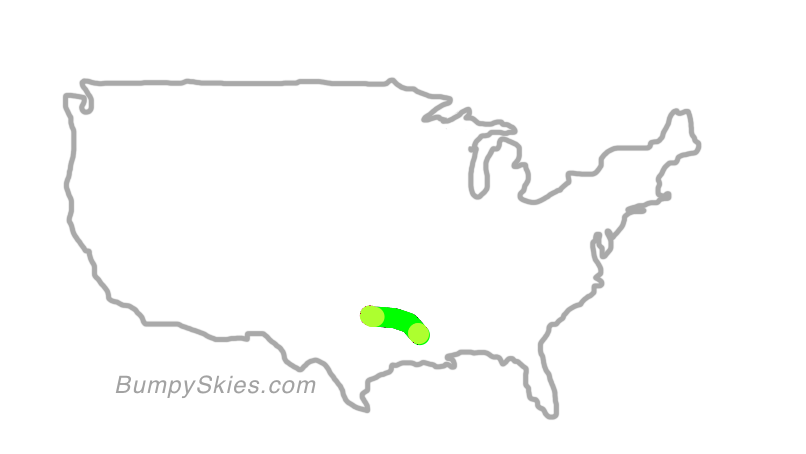 Map of continental US with illustrated flight path and turbulence forecast (described in text below)