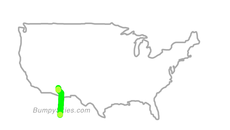 Map of continental US with illustrated flight path and turbulence forecast (described in text below)