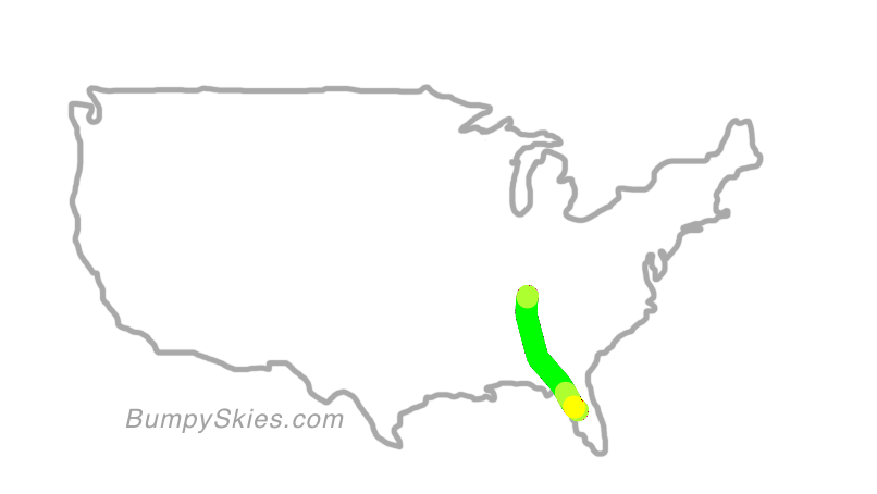 Map of continental US with illustrated flight path and turbulence forecast (described in text below)