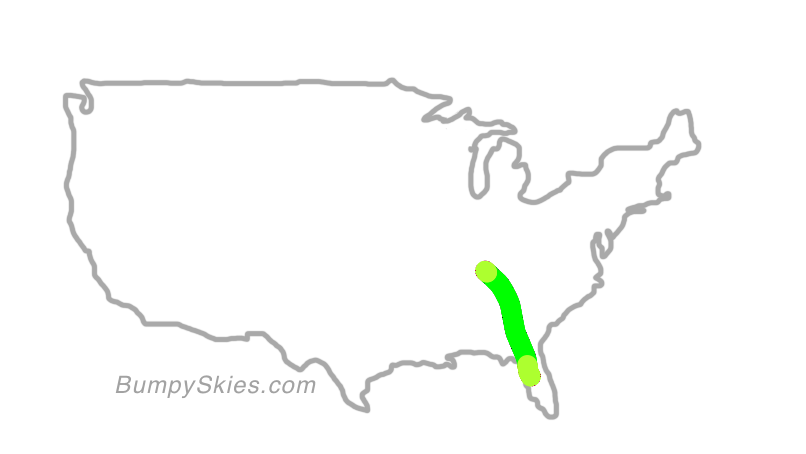 Map of continental US with illustrated flight path and turbulence forecast (described in text below)
