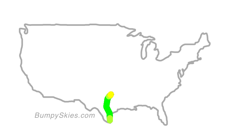 Map of continental US with illustrated flight path and turbulence forecast (described in text below)