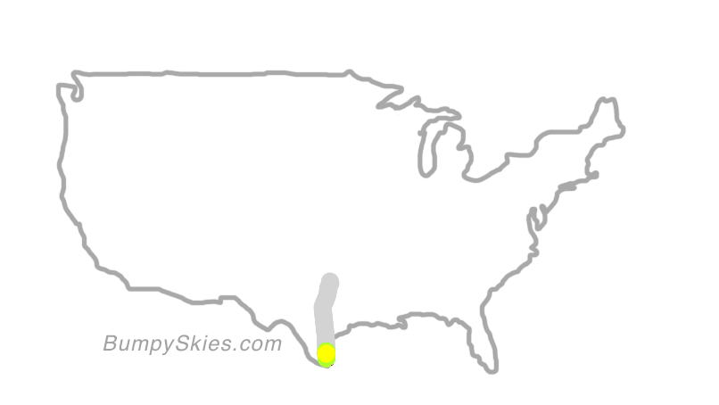 Map of continental US with illustrated flight path and turbulence forecast (described in text below)