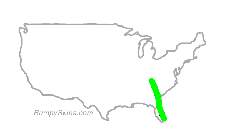 Map of continental US with illustrated flight path and turbulence forecast (described in text below)