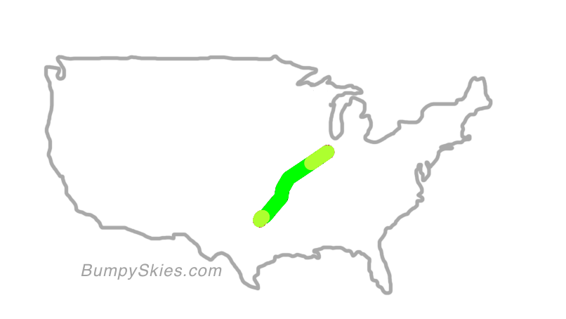 Map of continental US with illustrated flight path and turbulence forecast (described in text below)