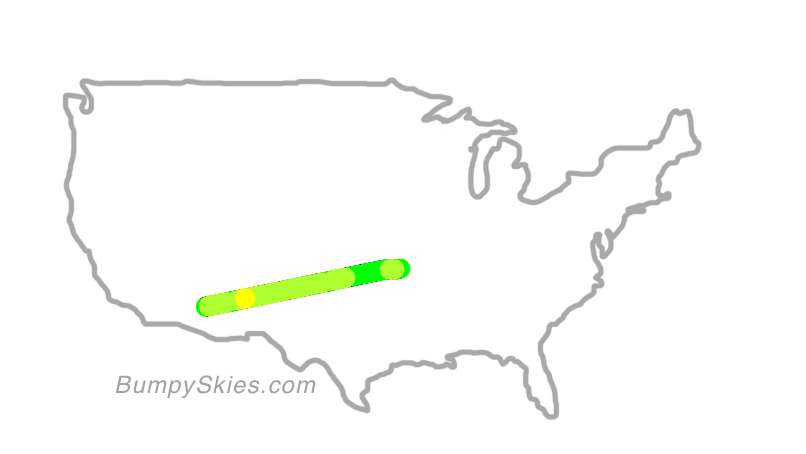 Map of continental US with illustrated flight path and turbulence forecast (described in text below)