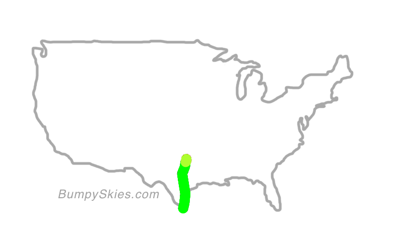 Map of continental US with illustrated flight path and turbulence forecast (described in text below)