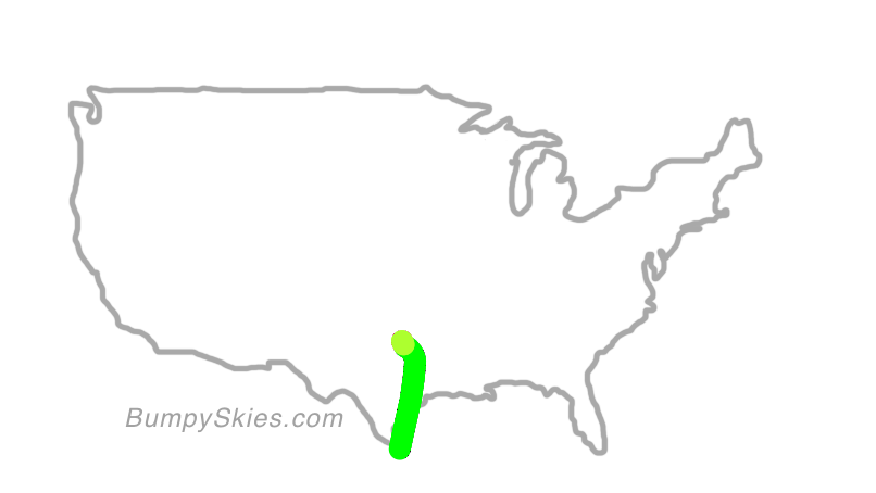 Map of continental US with illustrated flight path and turbulence forecast (described in text below)