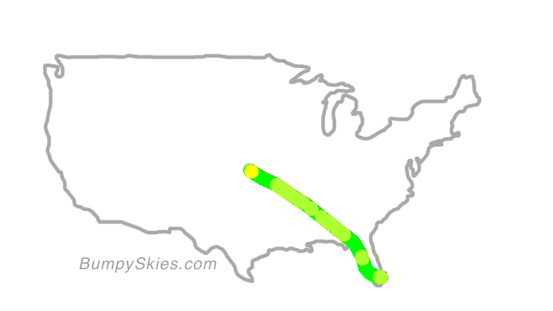 Map of continental US with illustrated flight path and turbulence forecast (described in text below)
