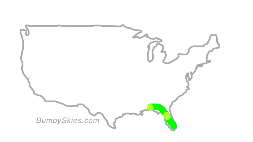 Map of continental US with illustrated flight path and turbulence forecast (described in text below)