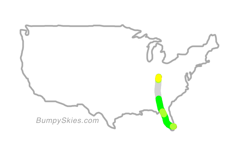 Map of continental US with illustrated flight path and turbulence forecast (described in text below)