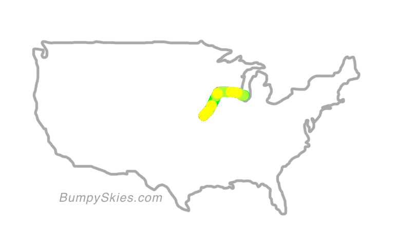 Map of continental US with illustrated flight path and turbulence forecast (described in text below)