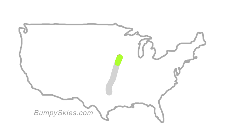 Map of continental US with illustrated flight path and turbulence forecast (described in text below)