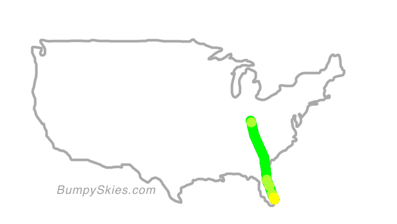Map of continental US with illustrated flight path and turbulence forecast (described in text below)